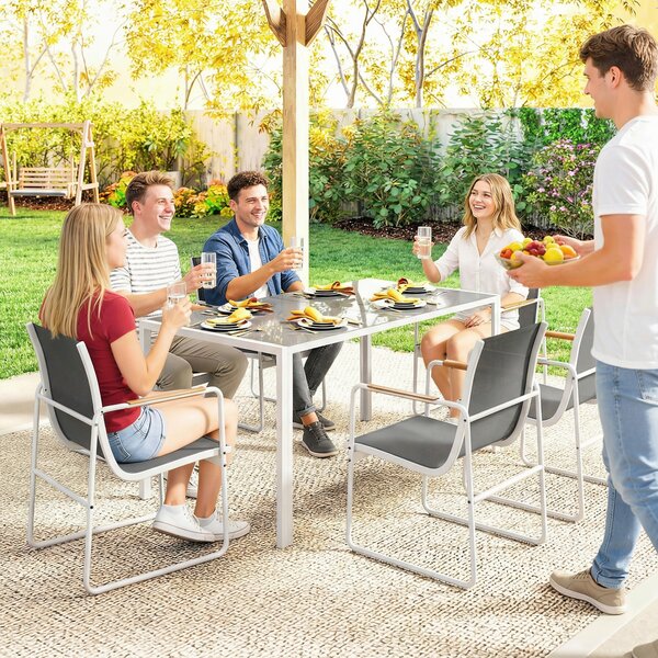 Outsunny Set Tavolo e Sedie da Giardino con Piano in Vetro Temperato e 6 Sedie Traspiranti per Terrazza Patio Bianco e Grigio | Aosom Italy