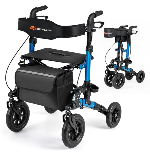 Costway Deambulatore a rotelle per anziani pieghevole con seduta e schienale in rete, Ausilio alla mobilità a 4 ruote con sospensione e accessori integrati Blu