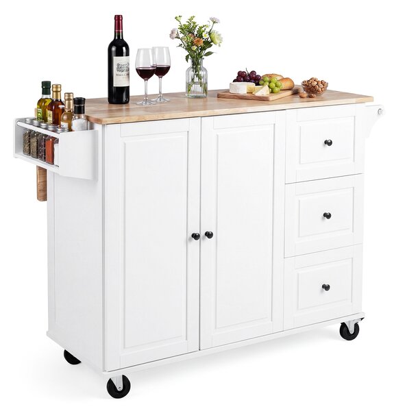 Costway Carrello cucina isola con ripiano ribaltabile e ruote, Carrello 3 cassetti e armadietto porta spezie e portasciugamani Bianco