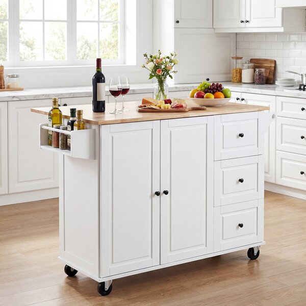 Costway Carrello cucina isola con ripiano ribaltabile e ruote, Carrello 3 cassetti e armadietto porta spezie e portasciugamani Bianco