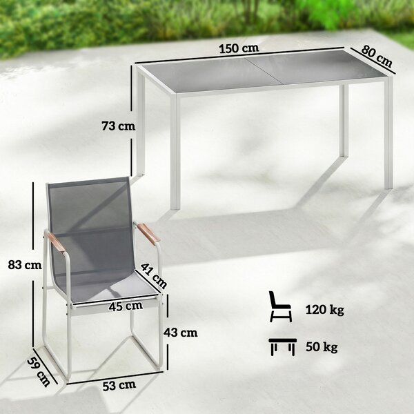 Outsunny Set Tavolo e Sedie da Giardino con Piano in Vetro Temperato e 6 Sedie Traspiranti per Terrazza Patio Bianco e Grigio | Aosom Italy