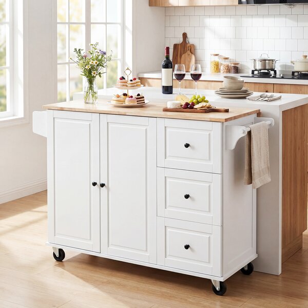 Costway Carrello cucina isola con ripiano ribaltabile e ruote, Carrello 3 cassetti e armadietto porta spezie e portasciugamani Bianco