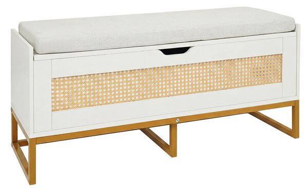 Costway Cassa portaoggetti rattan panca scarpe seduta imbottita, Cassa coperchio ribaltabile cerniere sicurezza spazio nascosto Bianco