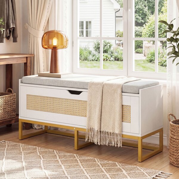 Costway Cassa portaoggetti rattan panca scarpe seduta imbottita, Cassa coperchio ribaltabile cerniere sicurezza spazio nascosto Bianco
