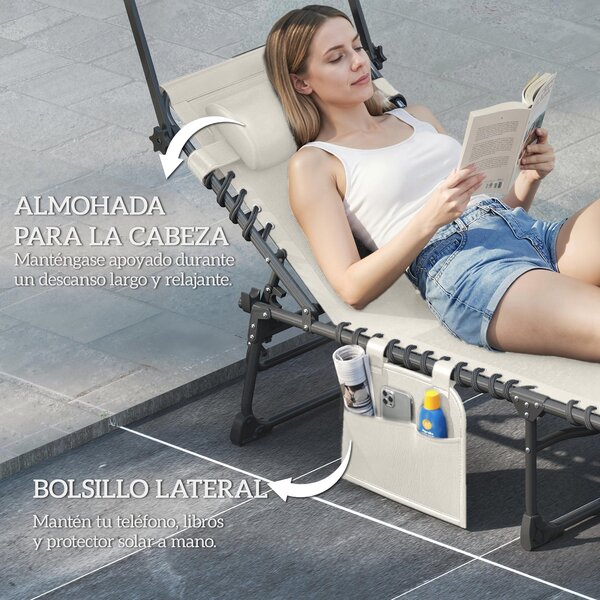Outsunny Set di 2 Sdraio Pieghevoli con Poggiatesta, Parasole, Tasca Laterale e Schienale Reclinabile in 5 Posizioni Crema | Aosom Italy