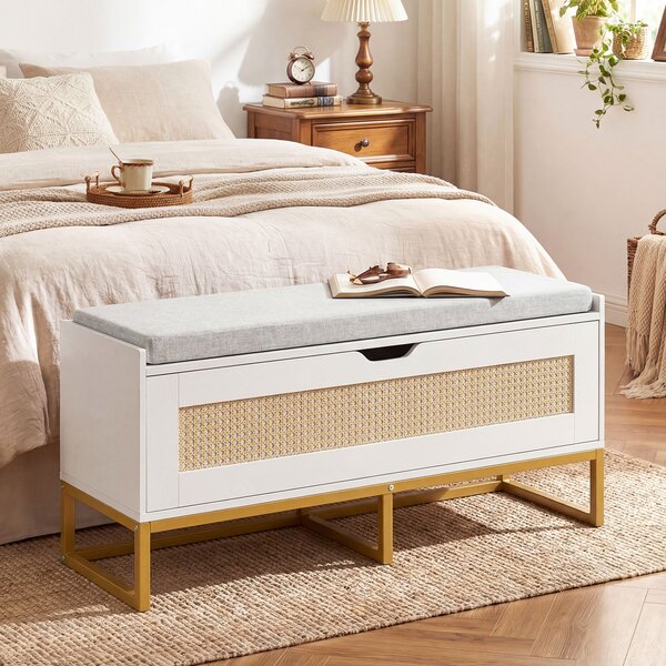 Costway Cassa portaoggetti rattan panca scarpe seduta imbottita, Cassa coperchio ribaltabile cerniere sicurezza spazio nascosto Bianco