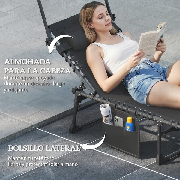 Outsunny Set di 2 Sdraio Pieghevoli con Poggiatesta Tendalino Tasca Laterale e Schienale Reclinabile in 5 Posizioni Negro | Aosom Italy