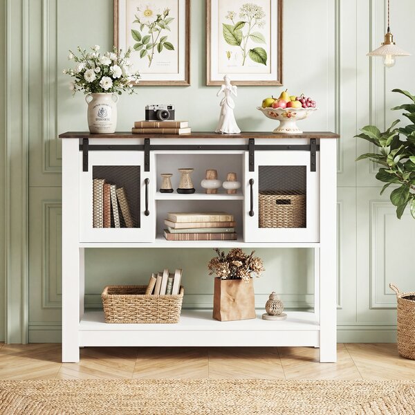Costway Credenza cucina salvaspazio in legno con 2 ante scorrevoli, Mobile per salotto soggiorno e ingresso Bianca