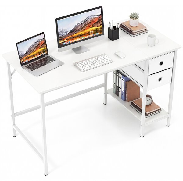 Costway Scrivania per computer con 2 cassetti ripiano e gancio in legno e metallo, Tavolo ufficio salvaspazio per studio 120 x 60 x 75 cm Bianco