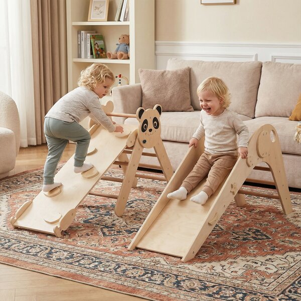 Costway Set triangolo arrampicata Montessori pieghevole a tema panda, Parco giochi per bambini con scivolo rampe e scala Naturale  