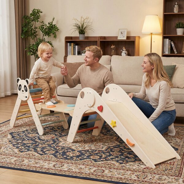 Costway Set triangolo arrampicata Montessori pieghevole a tema panda, Parco giochi per bambini con scivolo rampe e scala Beige