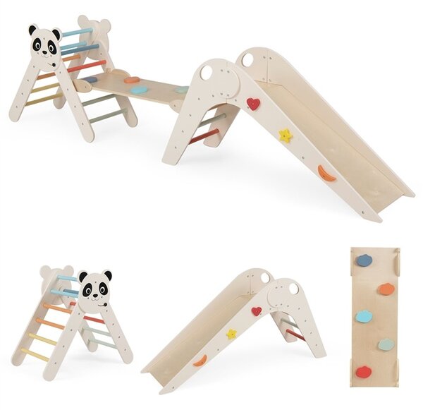 Costway Set triangolo arrampicata Montessori pieghevole a tema panda, Parco giochi per bambini con scivolo rampe e scala Beige