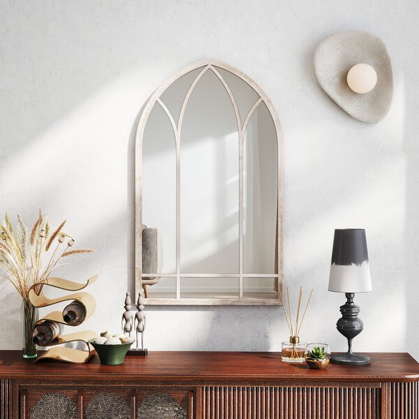 Costway Specchio a finestra in stile rustico con cornice metallica e antideflagrante, Specchio decorativo ad arco per soggiorno ingresso camino giardino 83 x 48 x 2 cm
