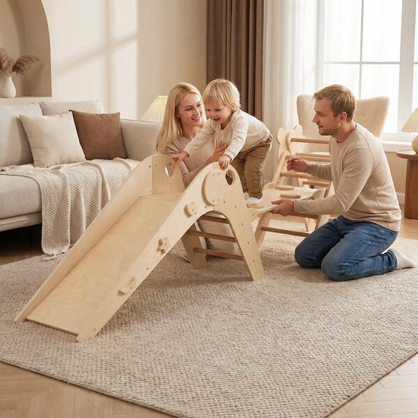 Costway Set triangolo arrampicata Montessori pieghevole a tema panda, Parco giochi per bambini con scivolo rampe e scala Naturale  