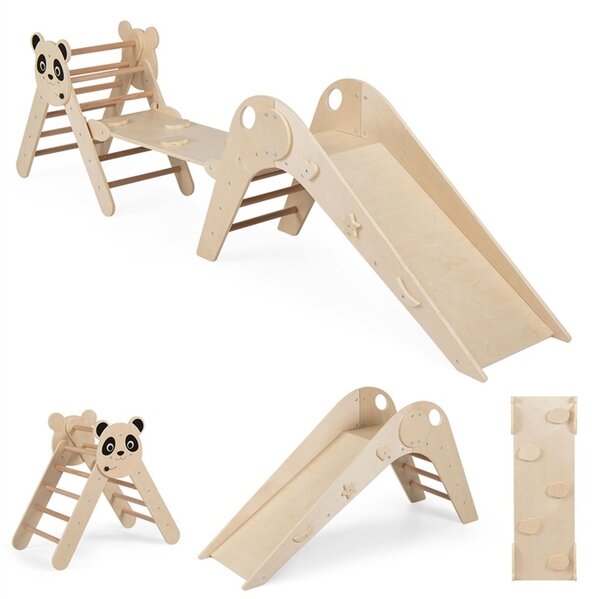 Costway Set triangolo arrampicata Montessori pieghevole a tema panda, Parco giochi per bambini con scivolo rampe e scala Naturale  