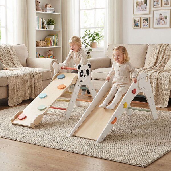 Costway Set triangolo arrampicata Montessori pieghevole a tema panda, Parco giochi per bambini con scivolo rampe e scala Bianco