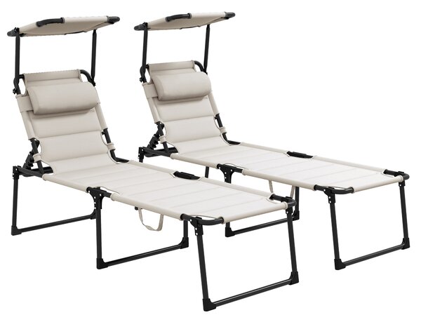 Outsunny Set di 2 lettini prendisole pieghevoli grande comfort schienale e parasole regolabili multi-posizioni, crema | Aosom Italy