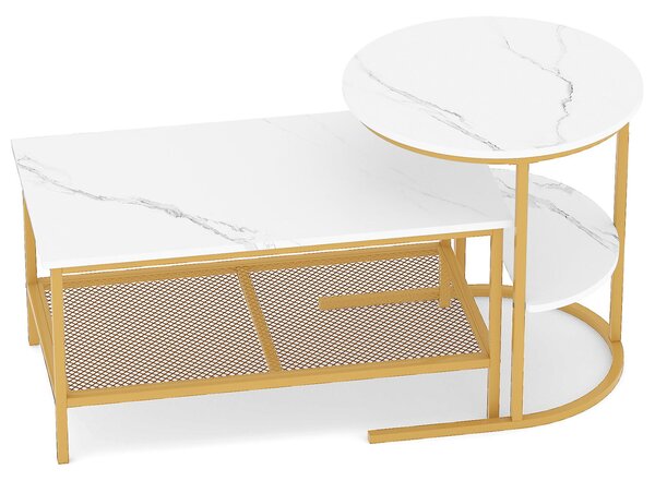 Costway Set di tavolini da caffè componibili 2 in 1 con piano marmo sintetico e scaffale, Tavoli rotondo e rettangolare per soggiorno camera da letto Oro