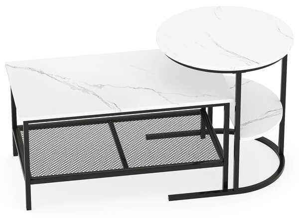 Costway Set di tavolini da caffè componibili 2 in 1 con piano marmo sintetico e scaffale, Tavoli rotondo e rettangolare per soggiorno camera da letto Bianco