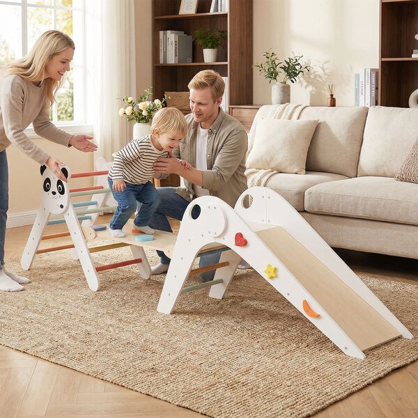 Costway Set triangolo arrampicata Montessori pieghevole a tema panda, Parco giochi per bambini con scivolo rampe e scala Bianco