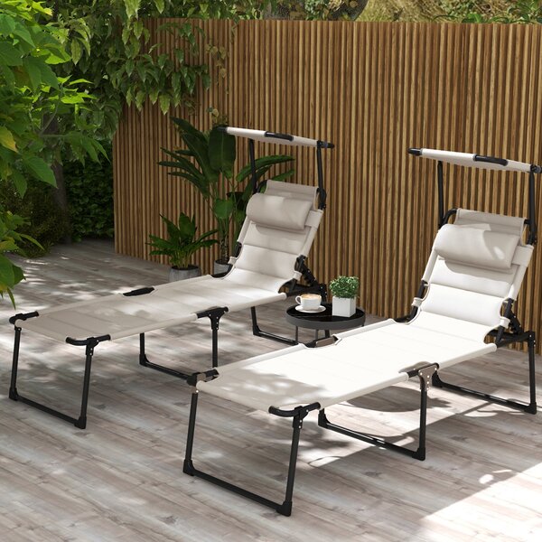 Outsunny Set di 2 lettini prendisole pieghevoli grande comfort schienale e parasole regolabili multi-posizioni, crema | Aosom Italy