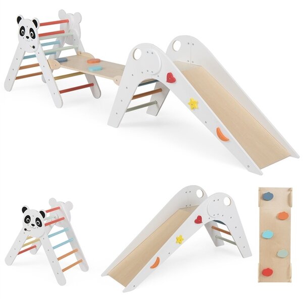 Costway Set triangolo arrampicata Montessori pieghevole a tema panda, Parco giochi per bambini con scivolo rampe e scala Bianco