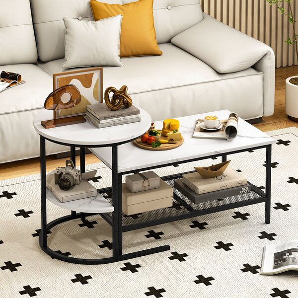 Costway Set di tavolini da caffè componibili 2 in 1 con piano marmo sintetico e scaffale, Tavoli rotondo e rettangolare per soggiorno camera da letto Bianco