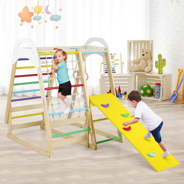 Costway Parco giochi 6-in-1 per bambini in legno con scivolo barre anelli rete scala e tenda, Palestra jungle per arrampicata bambini 1+ anno
