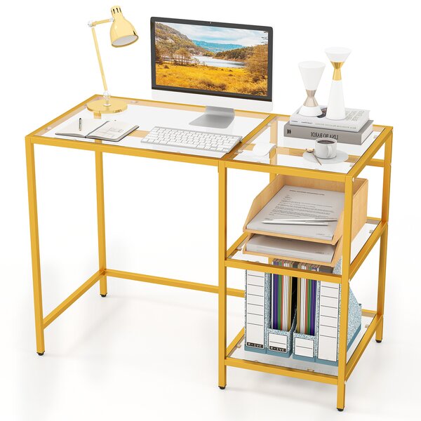 Costway Scrivania in vetro temperato con struttura in acciaio e 2 ripiani, Tavolo salvaspazio per casa e studio 106 x 51 x 77,5 cm Oro