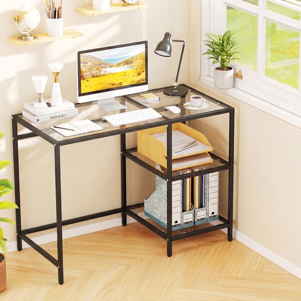 Costway Scrivania in vetro temperato con struttura in acciaio e 2 ripiani, Tavolo salvaspazio per casa e studio 106 x 51 x 77,5 cm Nero