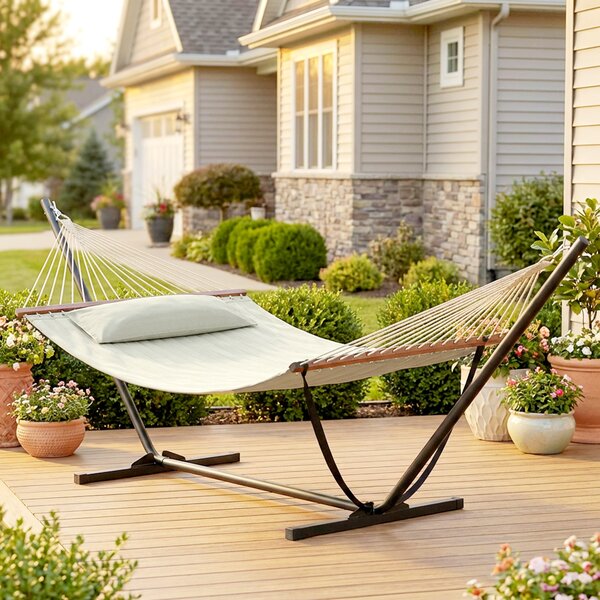 Outsunny Amaca autoportante, amaca con supporto in acciaio, cuscino, barre distanziatrici, 368 x 140 x 110 cm, crema | Aosom Italy