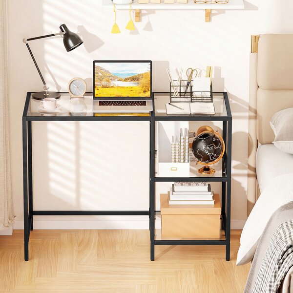 Costway Scrivania in vetro temperato con struttura in acciaio e 2 ripiani, Tavolo salvaspazio per casa e studio 106 x 51 x 77,5 cm Nero