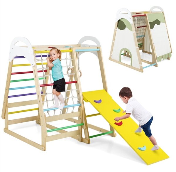 Costway Parco giochi 6-in-1 per bambini in legno con scivolo barre anelli rete scala e tenda, Palestra jungle per arrampicata bambini 1+ anno
