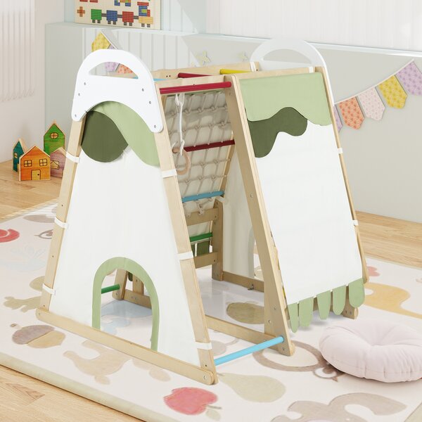 Costway Parco giochi 6-in-1 per bambini in legno con scivolo barre anelli rete scala e tenda, Palestra jungle per arrampicata bambini 1+ anno