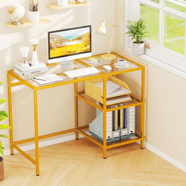 Costway Scrivania in vetro temperato con struttura in acciaio e 2 ripiani, Tavolo salvaspazio per casa e studio 106 x 51 x 77,5 cm Oro