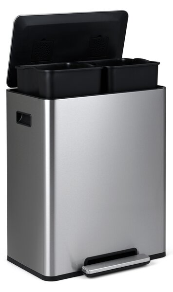 Costway Pattumiera differenziata 60L in acciaio inossidabile con 2 secchi rimovibili e pedale, Bidone riciclaggio per cucina soggiorno Acciaio inossidabile