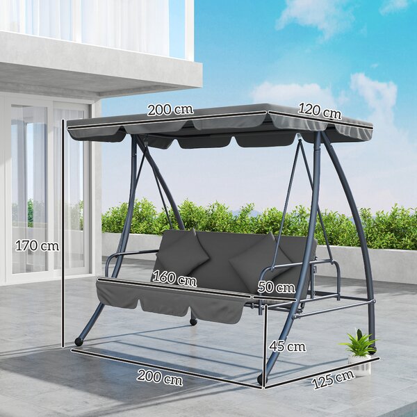 Outsunny Dondolo da giardino convertibile 3 posti Inclinazione Tetto regolabile Materasso 200 x 125 x 170 cm metallo Poliestere Grigio chiaro | Aosom Italy