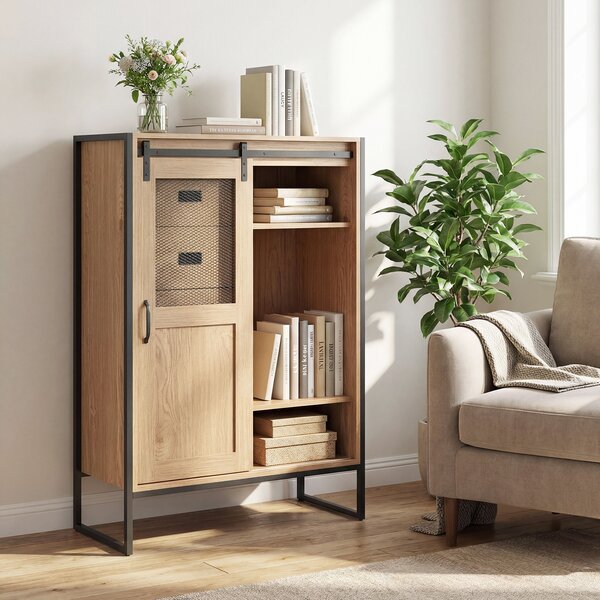 Costway Armadio da terra con porta scorrevole 5 cassetti e ripiani regolabili, Mobile buffet rustico per bagno soggiorno cucina Naturale