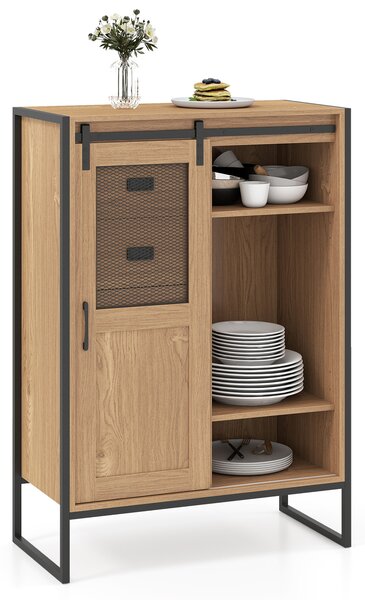 Costway Armadio da terra con porta scorrevole 5 cassetti e ripiani regolabili, Mobile buffet rustico per bagno soggiorno cucina Naturale