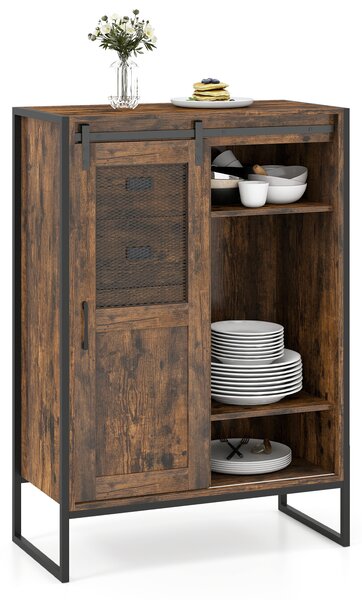 Costway Armadio da terra con porta scorrevole 5 cassetti e ripiani regolabili, Mobile buffet rustico per bagno soggiorno cucina Marrone