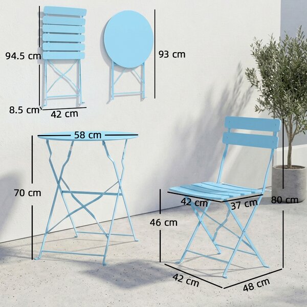 Outsunny Set bistro da giardino 3 pezzi pieghevole tavolo bistrot con 2 sedie seduta a listelli gambe doppia X azzurro chiaro | Aosom Italy