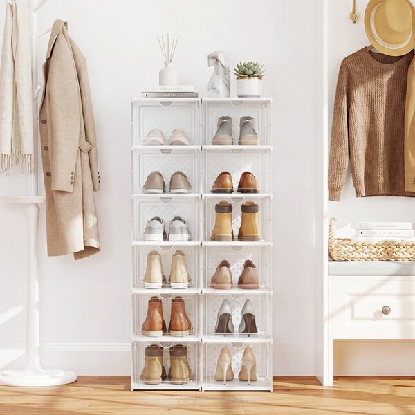 Costway Set di 2 organizzatore scarpe 6 livelli scatole pieghevoli, Deposito scarpe portatile per ingresso e soggiorno Trasparente