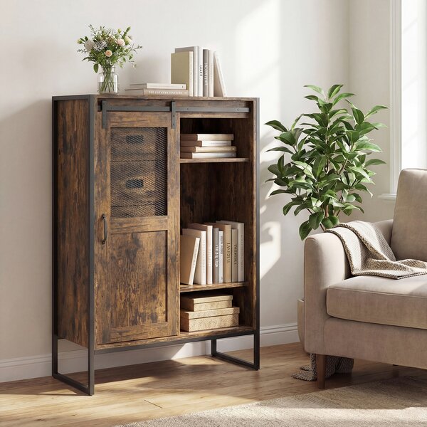 Costway Armadio da terra con porta scorrevole 5 cassetti e ripiani regolabili, Mobile buffet rustico per bagno soggiorno cucina Marrone