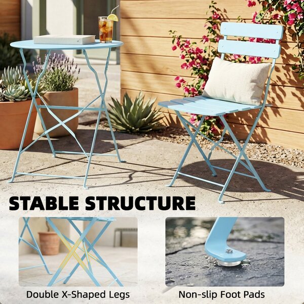 Outsunny Set bistro da giardino 3 pezzi pieghevole tavolo bistrot con 2 sedie seduta a listelli gambe doppia X azzurro chiaro | Aosom Italy