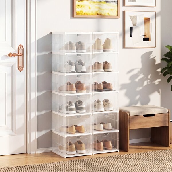 Costway Set di 2 organizzatore scarpe 6 livelli scatole pieghevoli, Deposito scarpe portatile per ingresso e soggiorno Trasparente