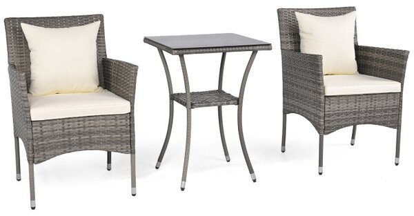 Costway Set da bistrò esterno 3 pezzi con 2 sedie in rattan e tavolo vetro temperato, Arredamento patio per giardino veranda e bordo piscina Beige
