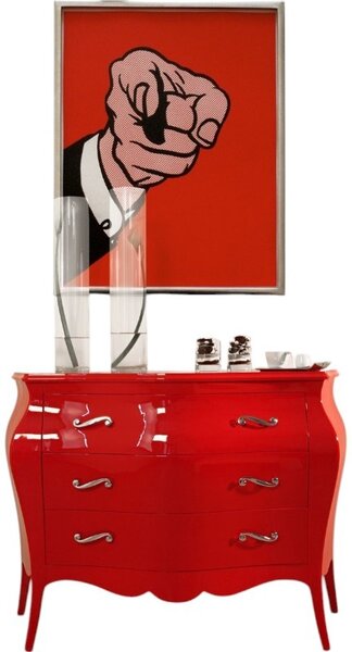 Mobili 2g - cassettiera sagomata 3 cassetti legno laccato rosso lucido 105x42x85