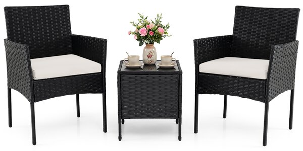 Costway Set mobili da giardino 3 pezzi in rattan con tavolino vetro temperato e 2 poltrone, Arredamento esterno per patio balcone e piscina Beige