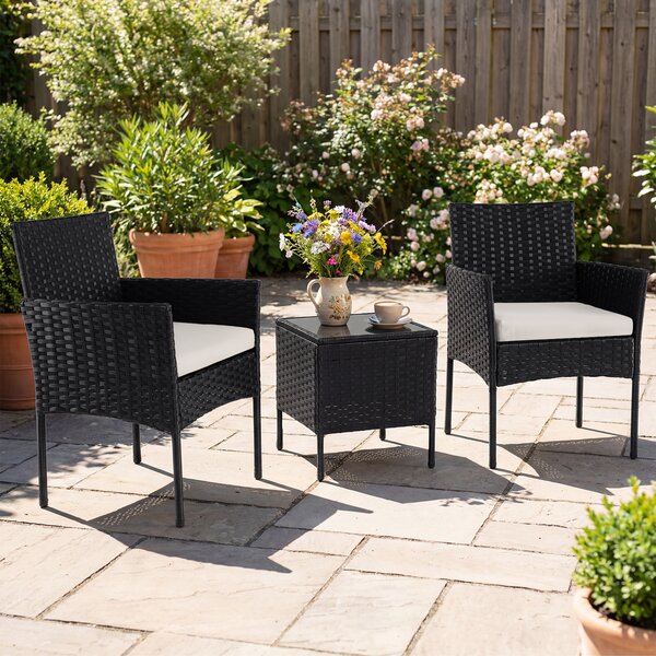 Costway Set mobili da giardino 3 pezzi in rattan con tavolino vetro temperato e 2 poltrone, Arredamento esterno per patio balcone e piscina Beige