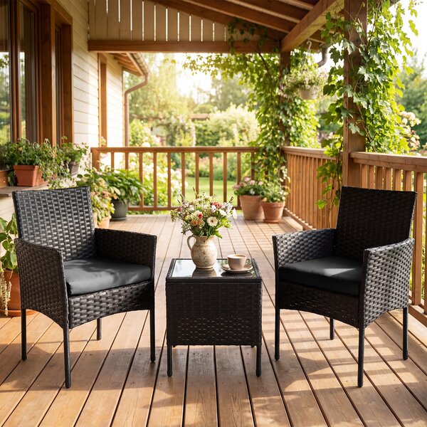 Costway Set mobili da giardino 3 pezzi in rattan con tavolino vetro temperato e 2 poltrone, Arredamento esterno per patio balcone e piscina Nero